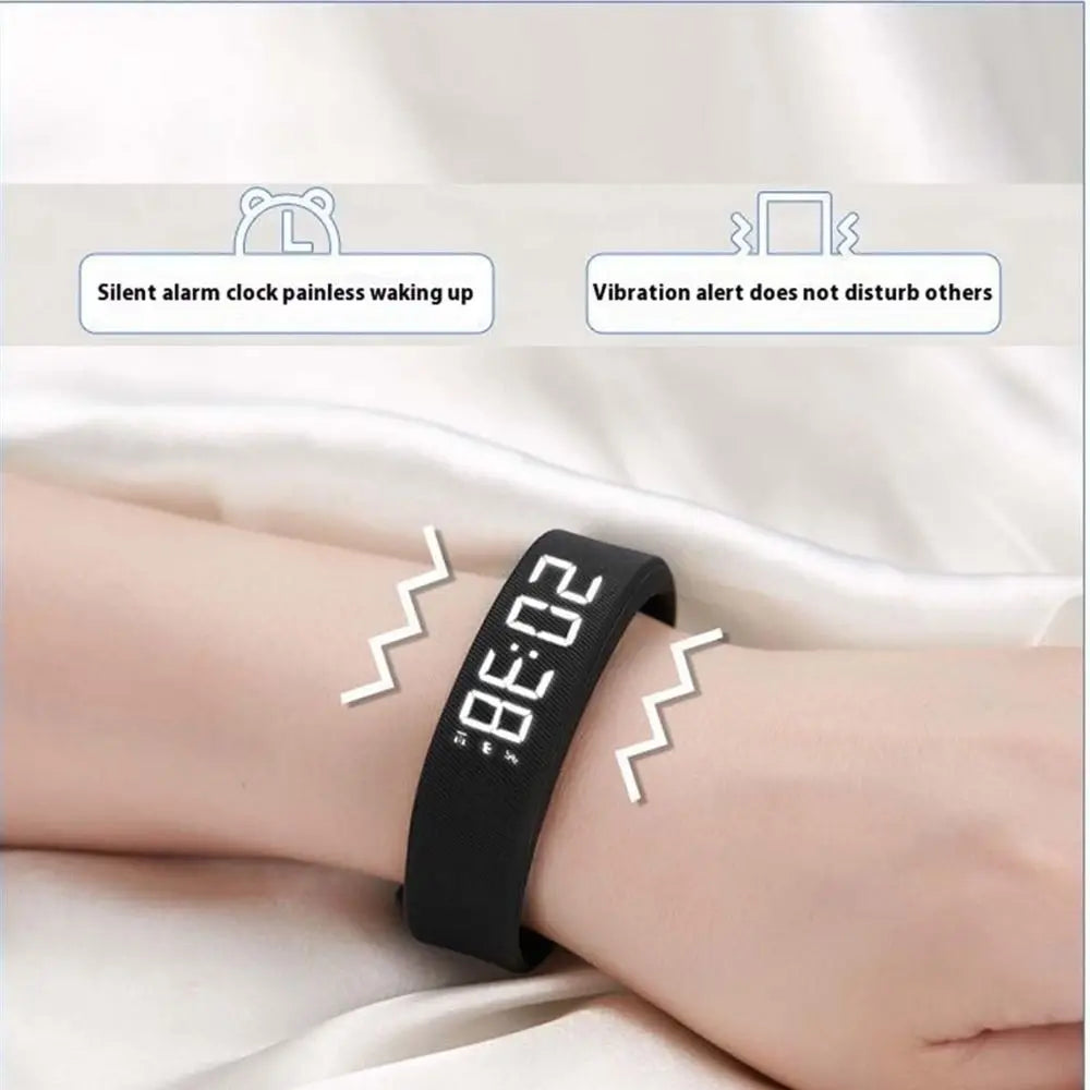 LED Digital Alarm Clock Watch Adjustable Silicone Snooze-Proof Alarm Bracelet with Running Pedometer Waterproof Vibrating Alarm