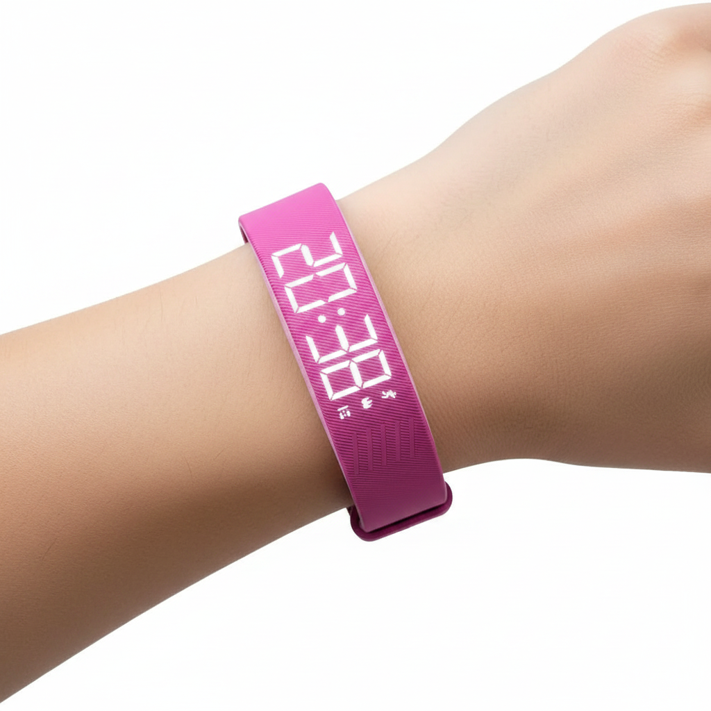 Bracelet réveil vibrant rose porté au poignet